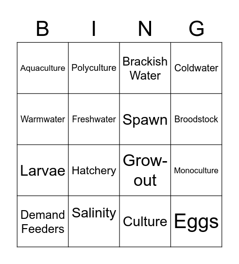 Aquaculture Vocabulary Bingo Card