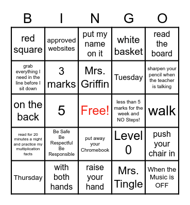 School Procedures Bingo Card