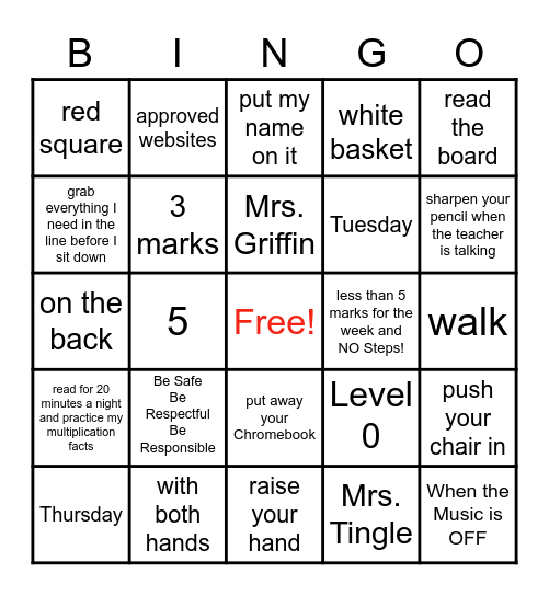 School Procedures Bingo Card