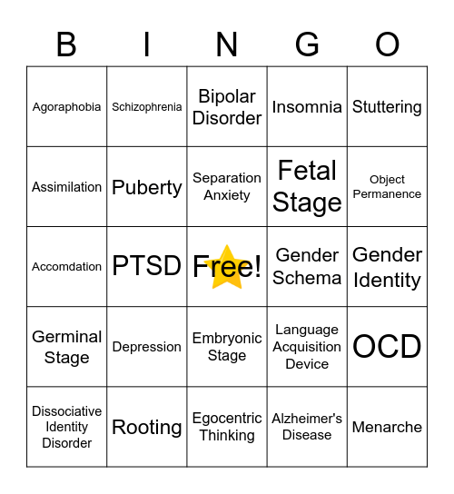 Disorders and Development Bingo Card