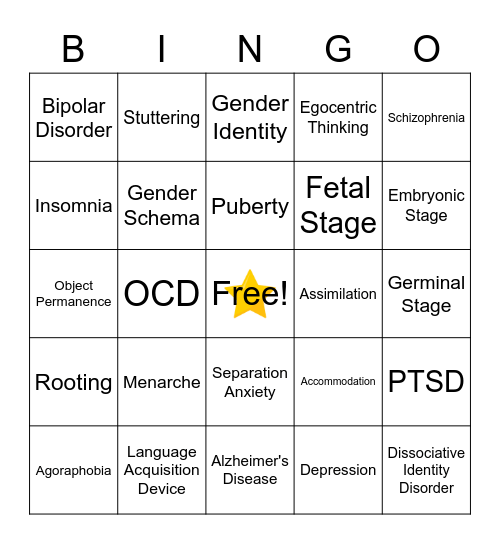 Disorders and Development Bingo Card