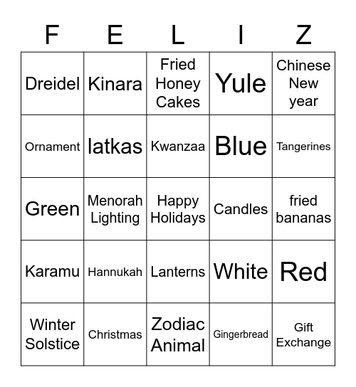 Winter Holiday Bingo Card