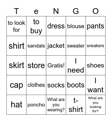 La ropa Bingo Card