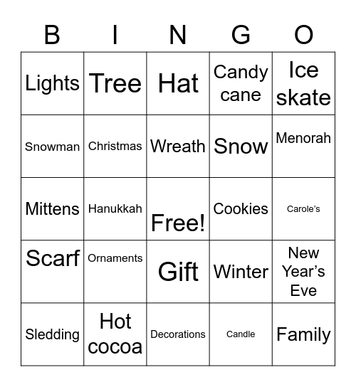 WINTER HOLIDAY Bingo Card