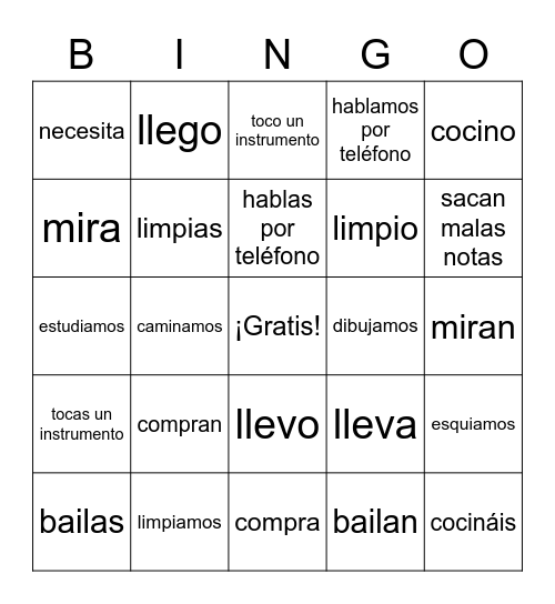 -ar verbs Bingo Card