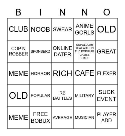 Potato's games BINGO Card