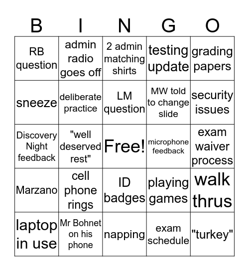 Faculty Meeting Bingo Card