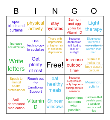 Seasonal Depression Bingo Card
