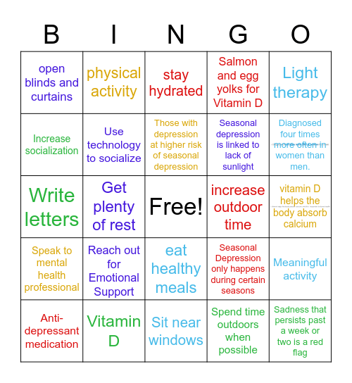 Seasonal Depression Bingo Card