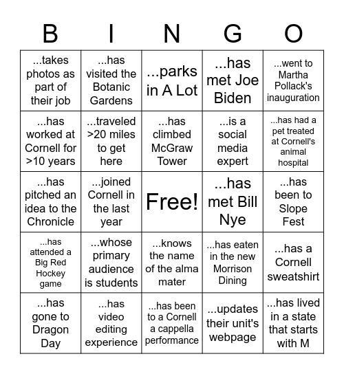 Cornell Communicators Retreat - Find someone who... Bingo Card