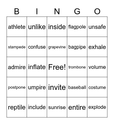 V-E Two Syllable Words Bingo Card