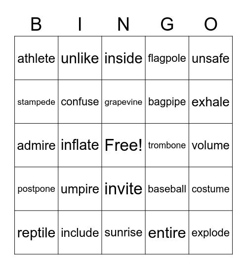 V-E Two Syllable Words Bingo Card