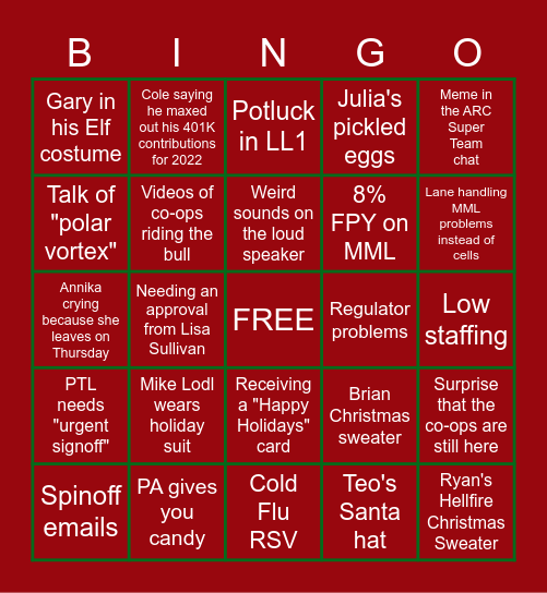 Week before Christmas at GE Bingo Card