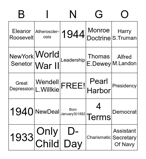 Franklin Delano Roosevelt Bingo Card