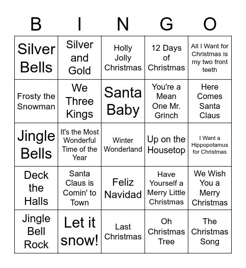 Christmas Songs Bingo Card