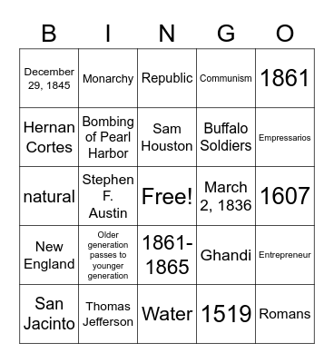 FMS Social Studies BINGO Card
