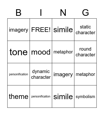 LIT DEVICES/ FIGURATIVE LANGUAGE BINGO Card