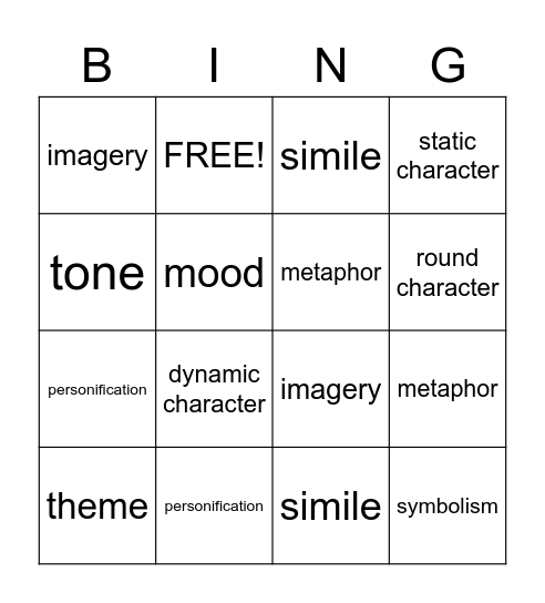LIT DEVICES/ FIGURATIVE LANGUAGE BINGO Card