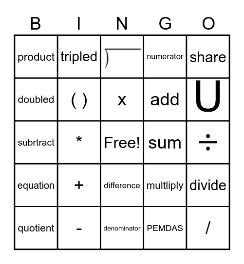 Math Vocabulary BINGO Card