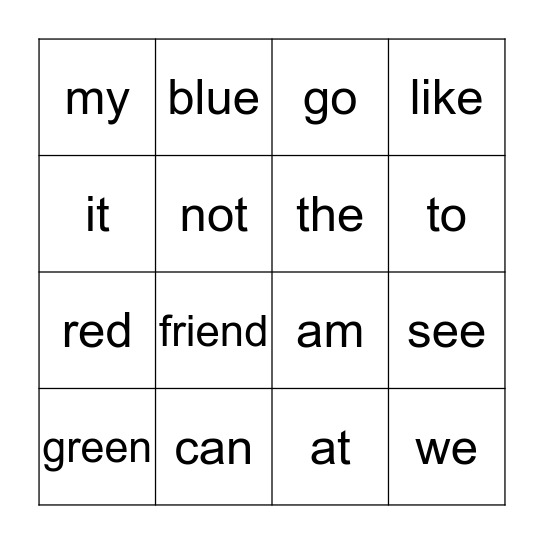 Sight Word Bingo Card
