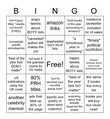 2022 BOTY Lists Bingo Card