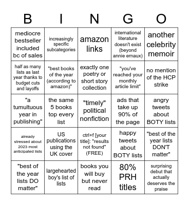 2022 BOTY Lists Bingo Card