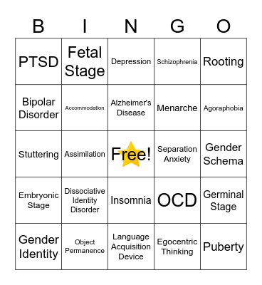 Disorders and Development Bingo Card