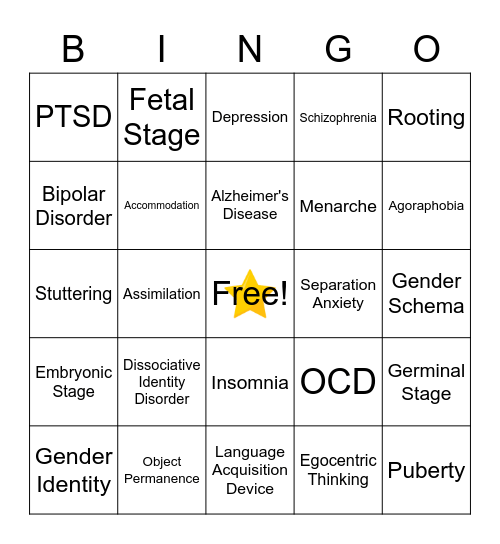 Disorders and Development Bingo Card