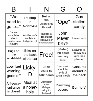 Connor Car Bingo Card