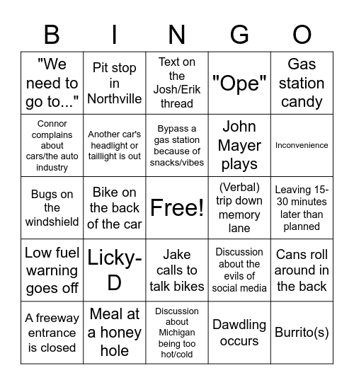 Connor Car Bingo Card