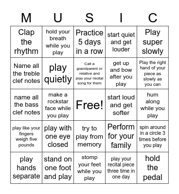 Piano Practice Bingo Card