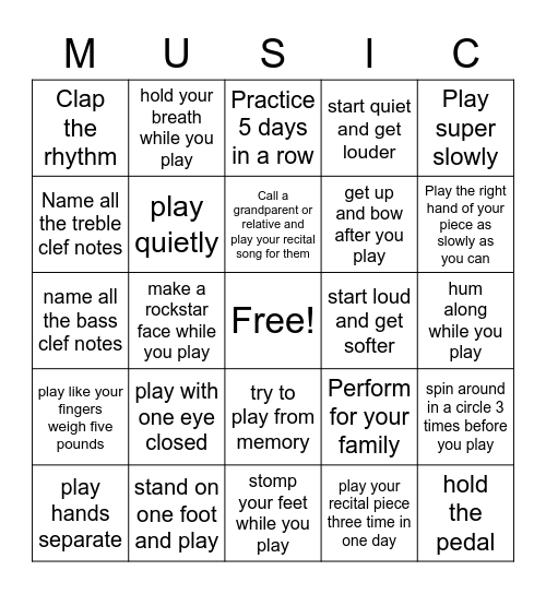 Piano Practice Bingo Card