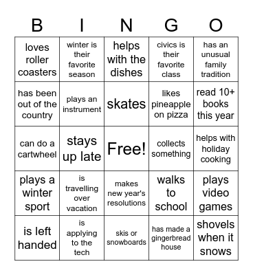 Holiday Break BINGO Card