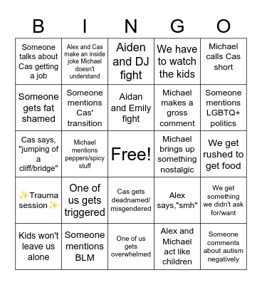 King Family Bingo Card