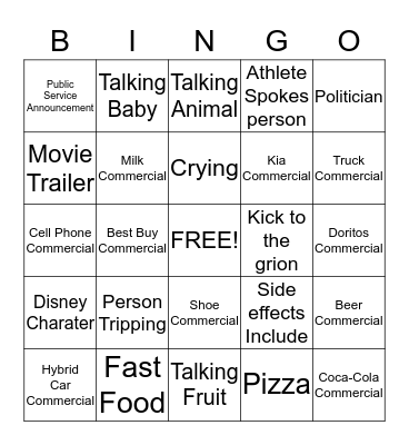 Super Bowl Commercial  Bingo Card