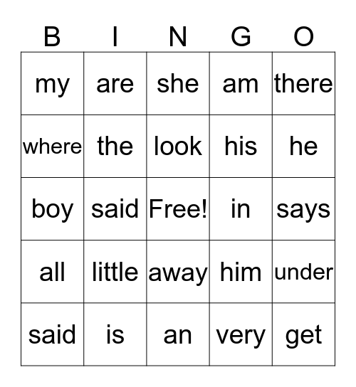 SIght Word Bingo Card