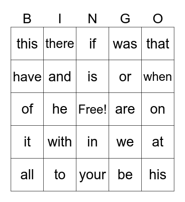 Heart Word Bingo Card