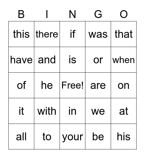 Heart Word Bingo Card