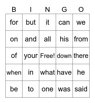 Heart Word Bingo Card