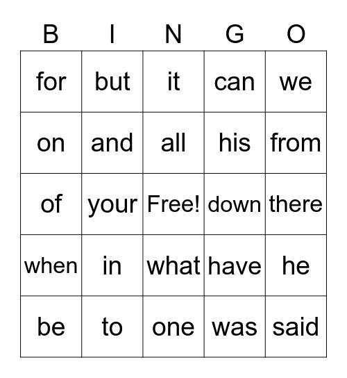 Heart Word Bingo Card