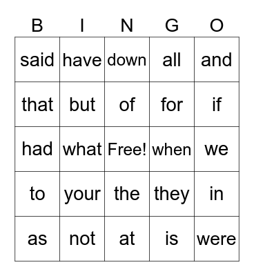 Heart Word Bingo Card