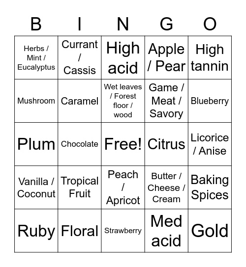 Wine Bingo Card