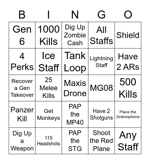 Zombies Origins Bingo Card