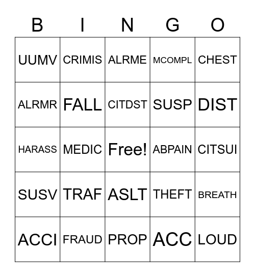CALL TAKER BINGO Card