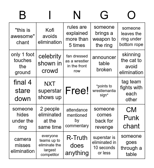 Royal Rumble Bingo Card