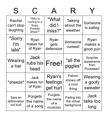 Scary Pockets Party Bingo Card