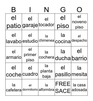 Los cuartos y los muebles de la casa Bingo Card