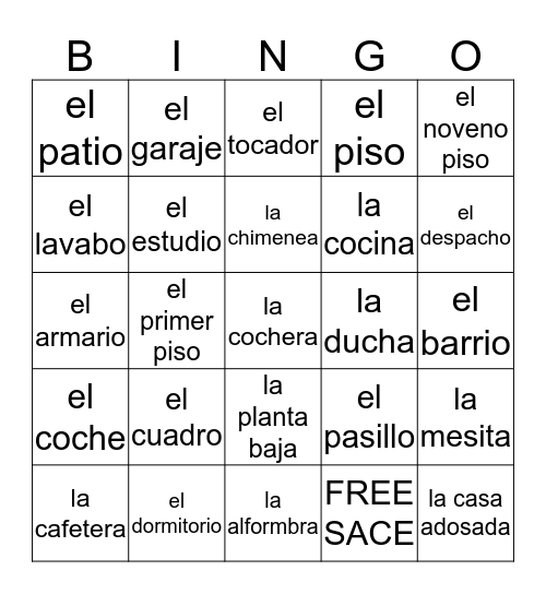 Los cuartos y los muebles de la casa Bingo Card