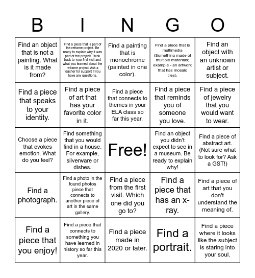 Harvard Art Museums Bingo Card