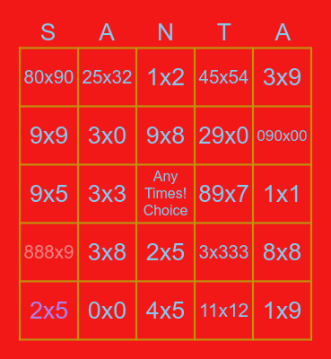 Santa Multiplication Bingo Card